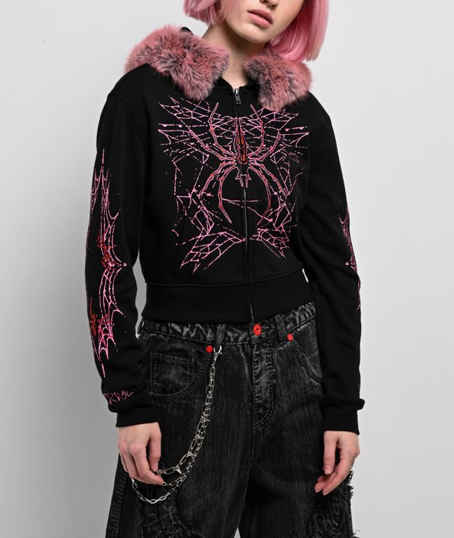 Vitriol Anya Black Faux Fur Crop Zip Hoodie - Vitriol