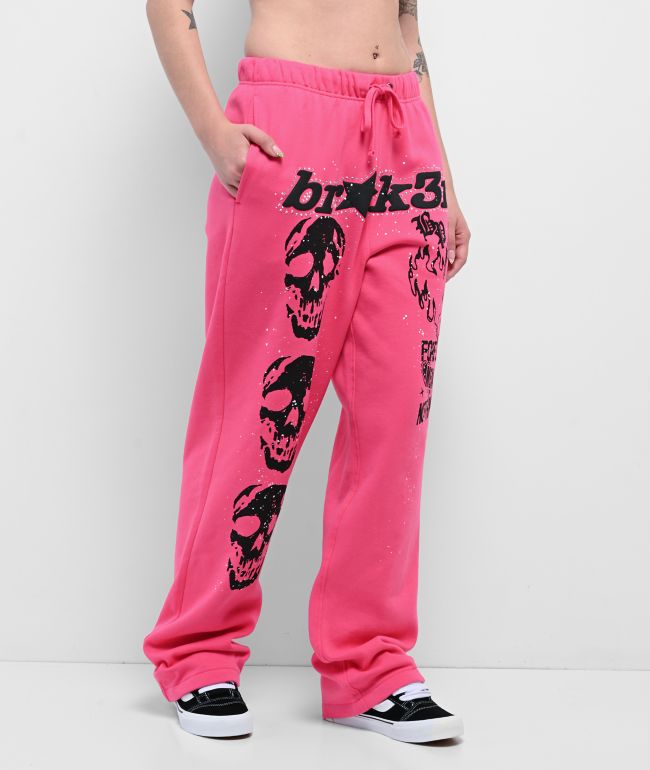 Broken Promises Faceless Rhinestone Pink Wide Leg Sweatpants - Broken Promises