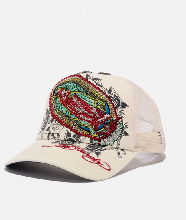Ed Hardy Mary Rhinestone Ivory Trucker Hat - Ed Hardy
