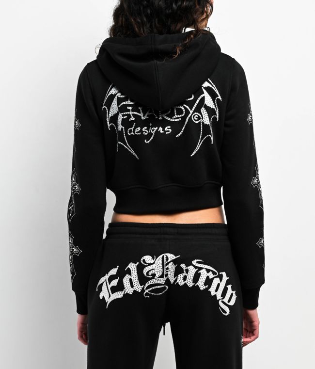 Ed Hardy Crosses Rhinestone Black Crop Zip Hoodie - Ed Hardy