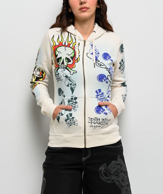 Ed Hardy Skulls Ivory Zip Hoodie - Ed Hardy