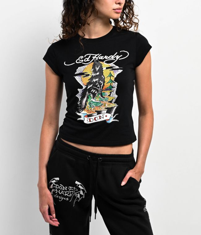 Ed Hardy Wolf Rhinestone Black Cap Sleeve T-Shirt - Ed Hardy