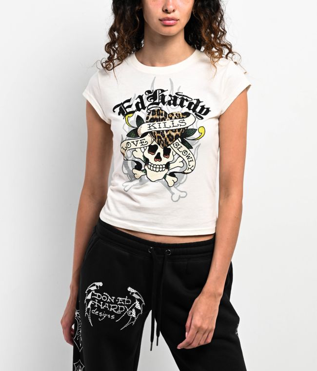 Ed Hardy Love Kills Slowly Skull Ivory Crop T-Shirt - Ed Hardy