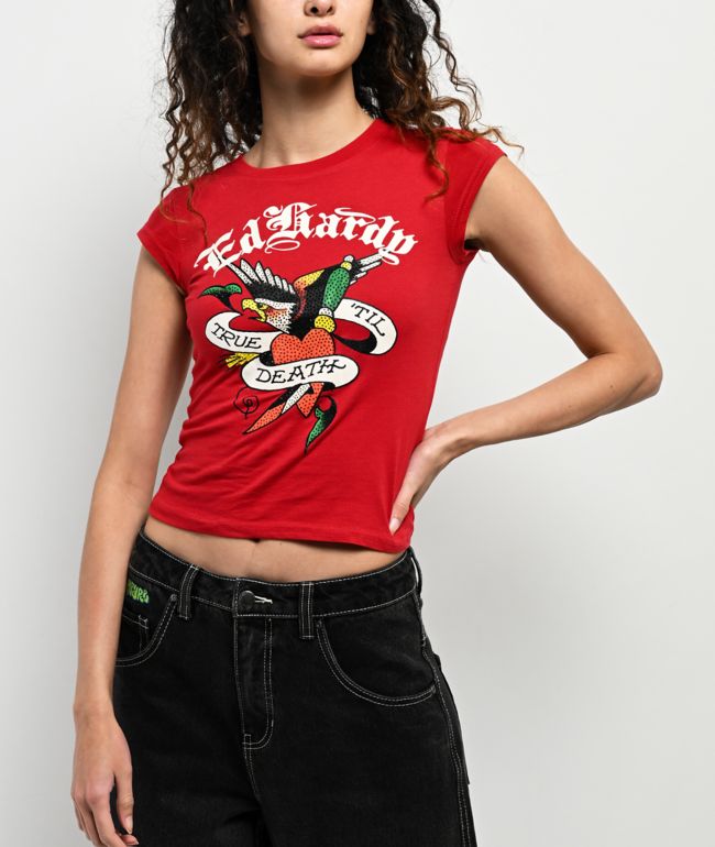 Ed Hardy True Eagle Rhinestone Red Cap Sleeve T-Shirt - Ed Hardy