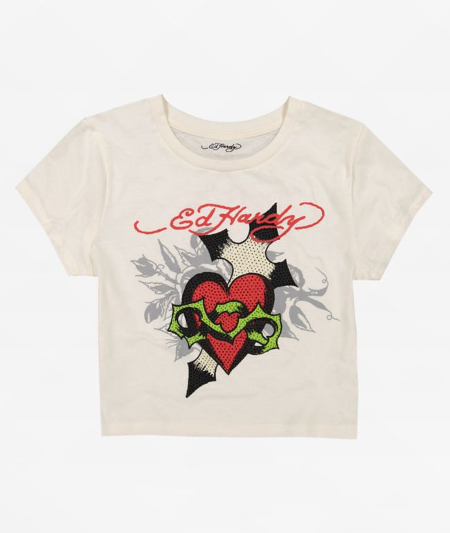 Ed Hardy Cross Heart Ivory Crop T-Shirt - Ed Hardy