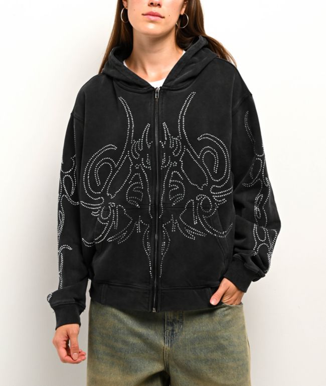 Insomnia Visuals Sigil Rhinestone Black Crop Zip Hoodie - Insomnia Visuals