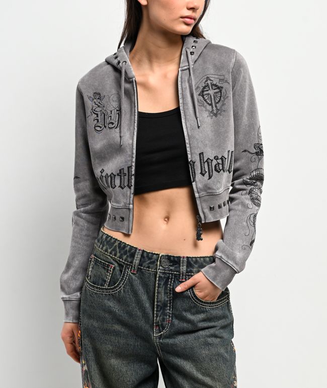 Ninth Hall Melanie Grey Wash Mega Crop Zip Hoodie - Ninth Hall