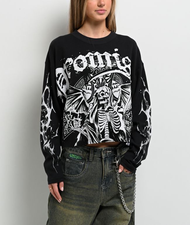 Broken Promises Thrash Black Thermal Long Sleeve Boxy Crop T-Shirt - Broken Promises