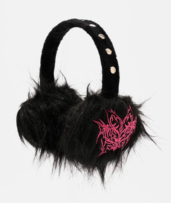  Vitriol Embroidered Black Faux Fur Ear Muffs - Vitriol