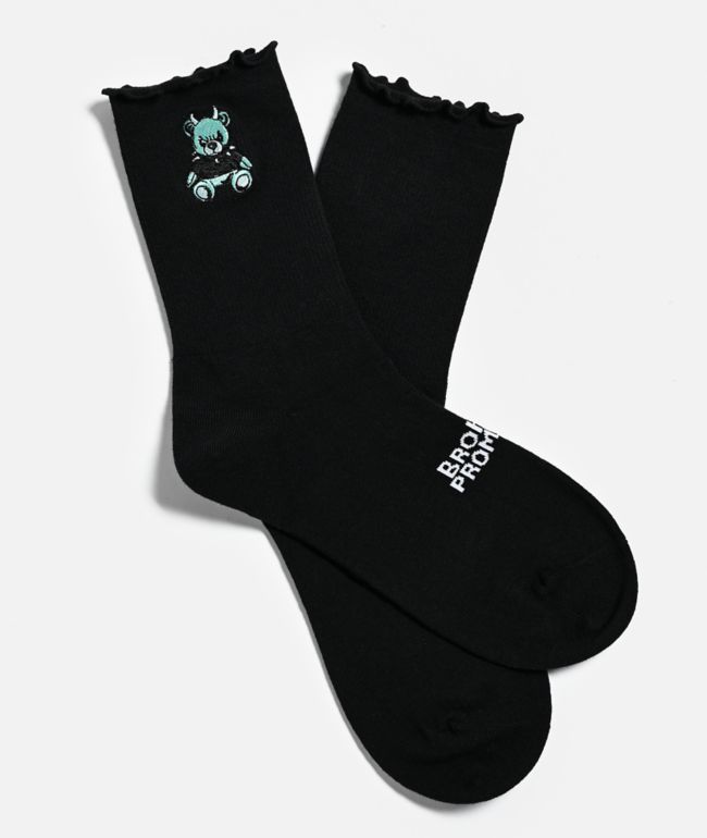 Broken Promises Terror Teddy Ruffle Black Half Crew Socks - Broken Promises