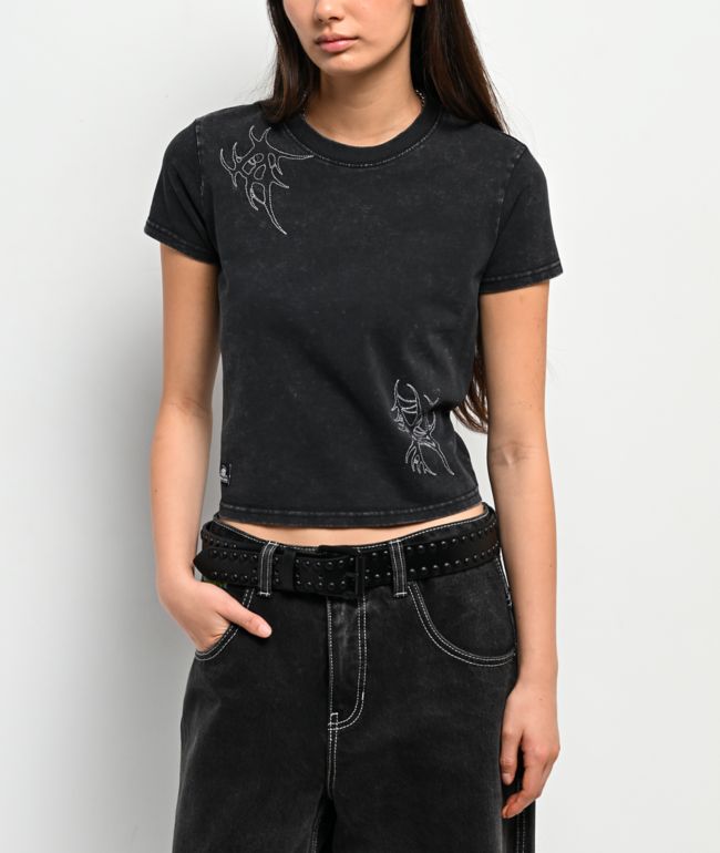 Lurking Class by Sketchy Tank Grand Sin Embroidered Black Wash Crop T-Shirt - Lurking Class by Sketchy Tank