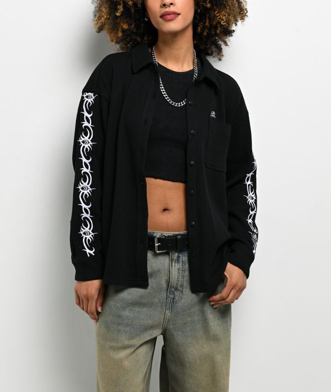Lurking Class by Sketchy Tank Cyber Skull Black Thermal Long Sleeve Button Up T-Shirt - Lurking Class by Sketchy Tank
