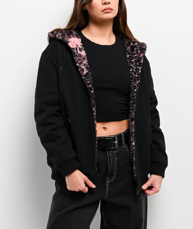 Lurking Class by Sketchy Tank Death Leopard Black & Pink Faux Fur Reversible Work Jacket - Lurking Class by Sketchy Tank