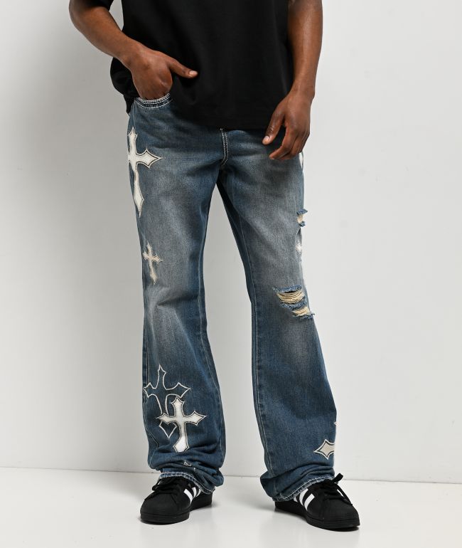 Ninth Hall Defender Applique Crosses Reverent Blue Flare Jeans - Ninth Hall