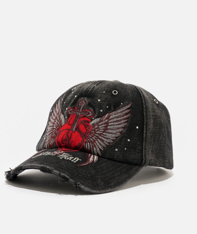 Ninth Hall Fluttering Heart Black Wash Strapback Hat - Ninth Hall