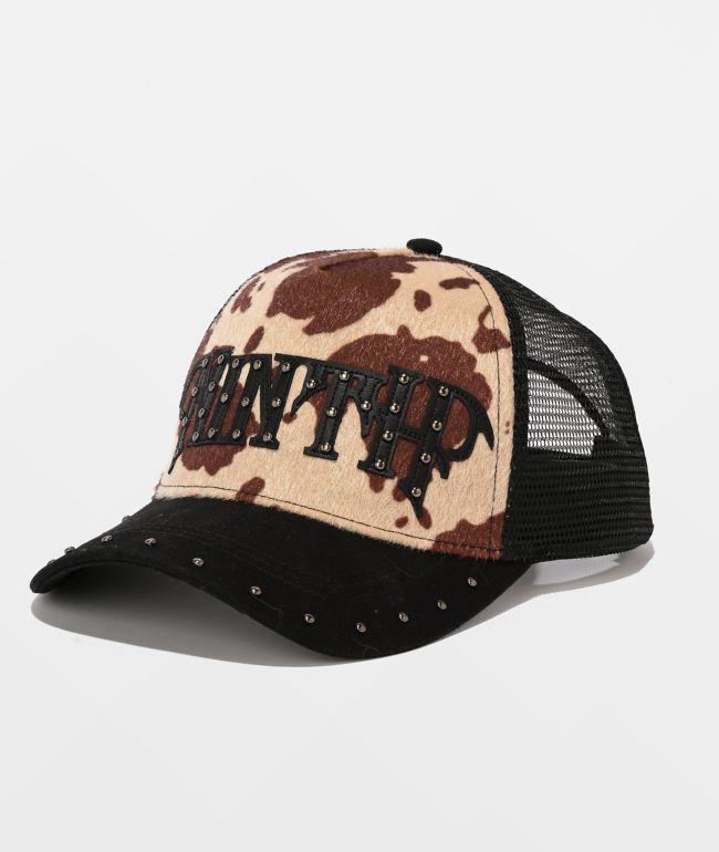 Ninth Hall Rodeo Studded Black & Brown Cow Print Pony Hair Trucker Hat - Ninth Hall