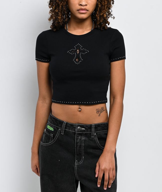 Ninth Hall Shawnie Cross Cutout Black Fitted Crop T-Shirt - Ninth Hall