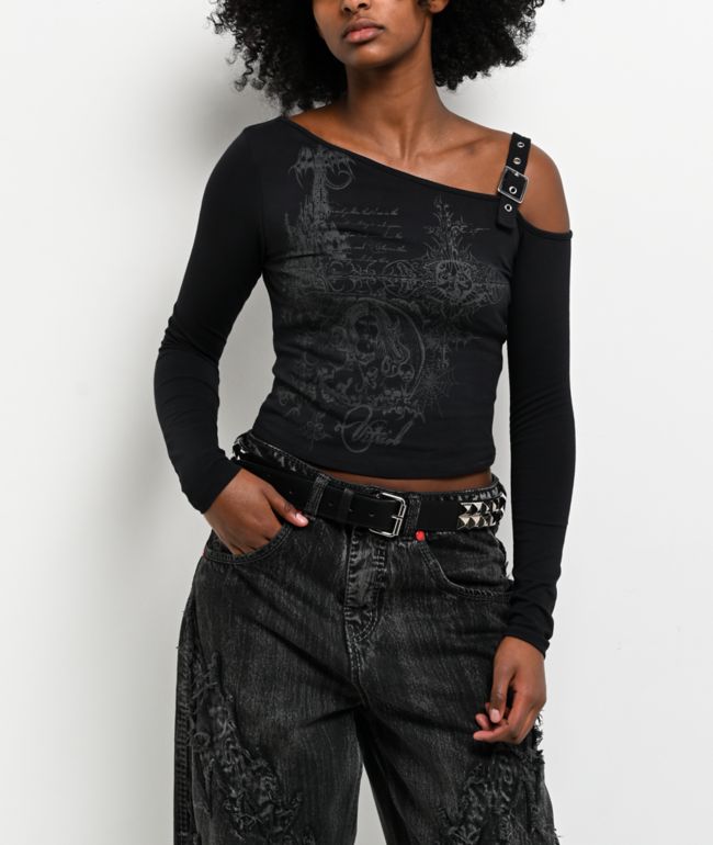Ninth Hall Shawnie Cross Cutout Black Fitted Crop T-Shirt | Zumiez