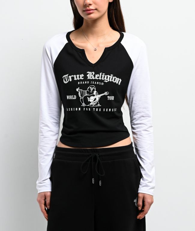 True Religion Crystal V Notch Black & White Raglan Long Sleeve Crop T-Shirt - True Religion