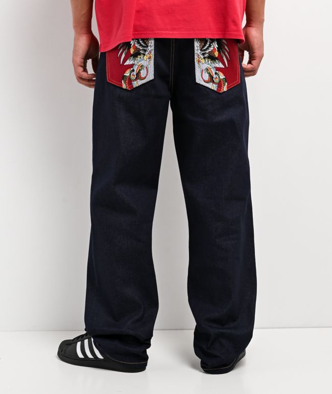 Ed Hardy Battle Skull Blue Baggy Raw Denim Jeans - Ed Hardy