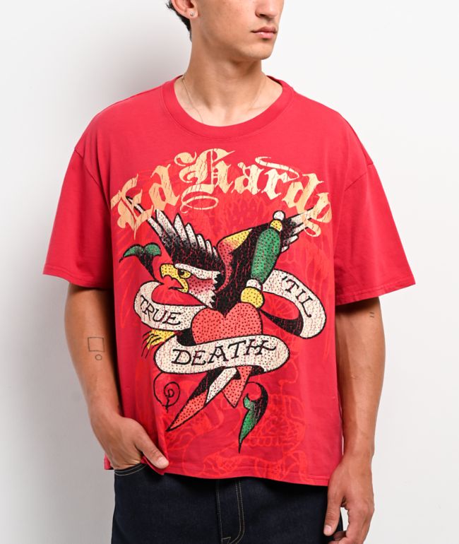 Ed Hardy True Eagle Rhinestone Red Boxy T-Shirt - Ed Hardy