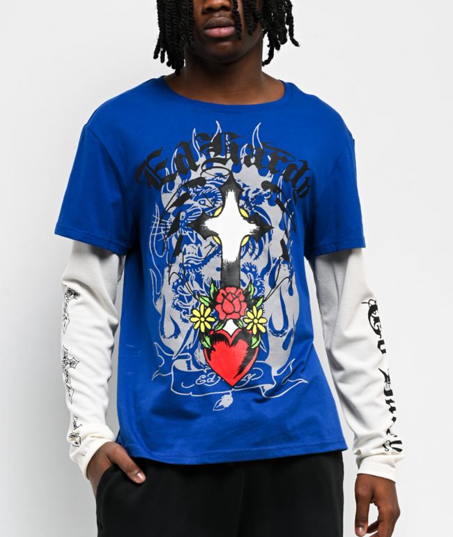 Ed Hardy Cross Heart French Blue & White 2fer Long Sleeve T-Shirt - Ed Hardy