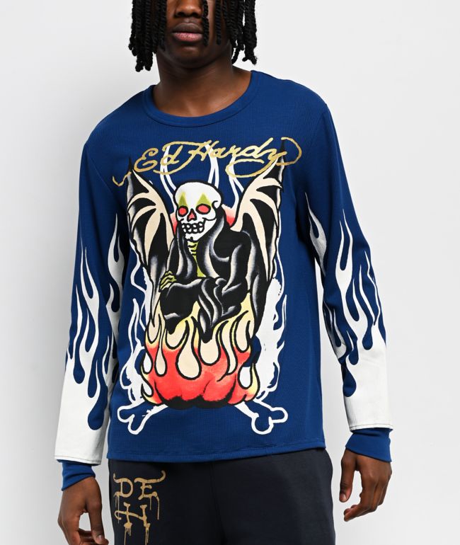 Ed Hardy Fire Lord French Blue Thermal Long Sleeve T-Shirt - Ed Hardy