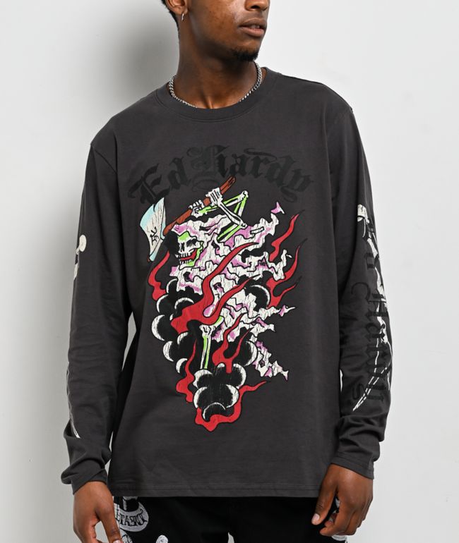 Ed Hardy Reaper Charcoal Long Sleeve T-Shirt - Ed Hardy