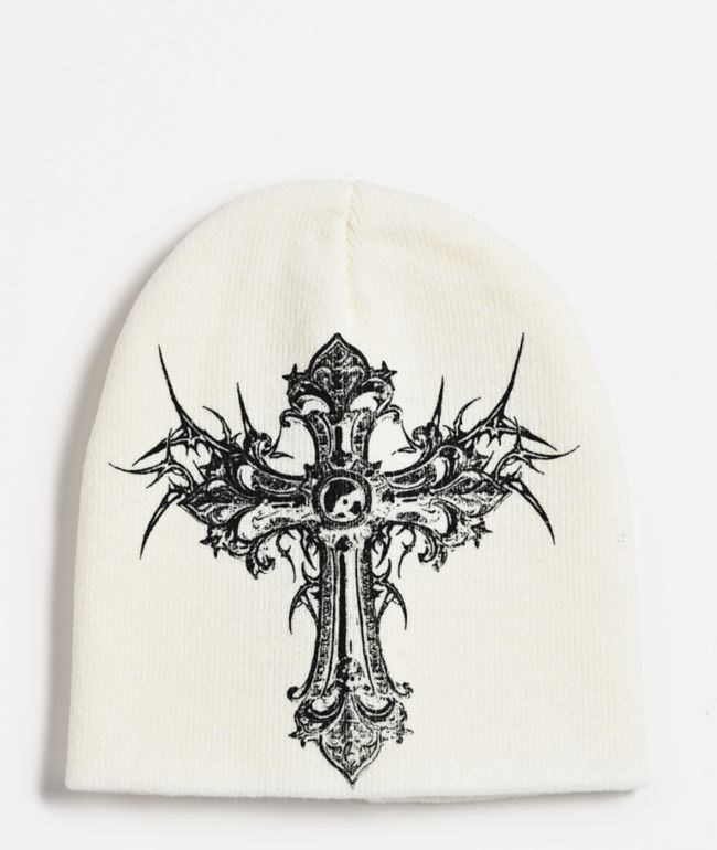 Insomnia Visuals Cross White Skully Beanie - Insomnia Visuals