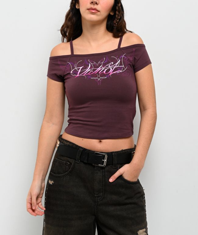 Vitriol Keeli Off The Shoulder Purple Crop Short Sleeve T-Shirt - Vitriol