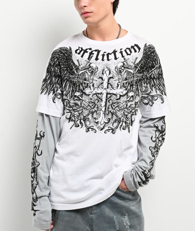 Affliction Ominous Shadow White & Grey 2fer Long Sleeve T-Shirt - Affliction