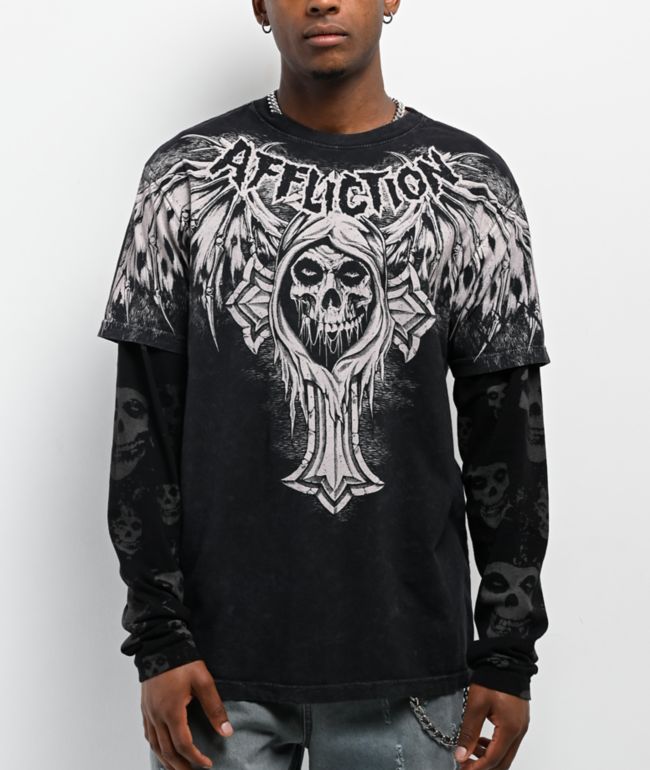 Affliction x Misfits Bat Black Wash 2fer Long Sleeve T-Shirt - Affliction