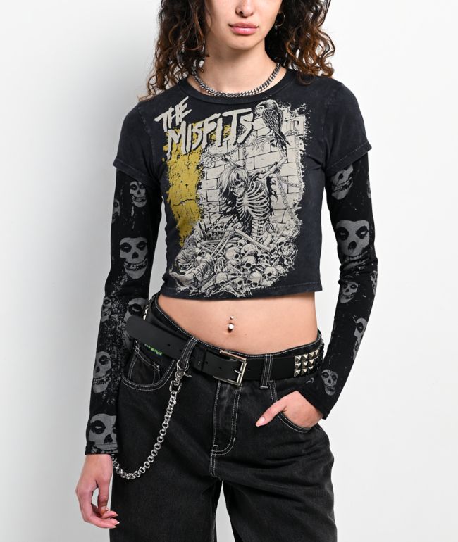 Affliction x Misfits Shackles Black Wash 2fer Long Sleeve Crop T-Shirt - Affliction