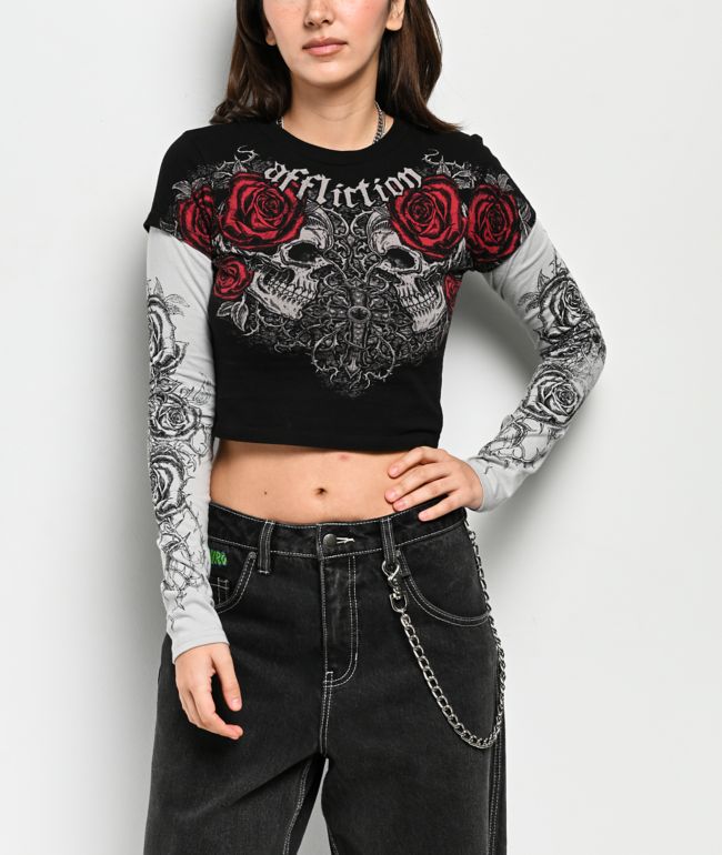 Affliction Forgotten Black & Grey 2fer Long Sleeve Crop T-Shirt - Affliction