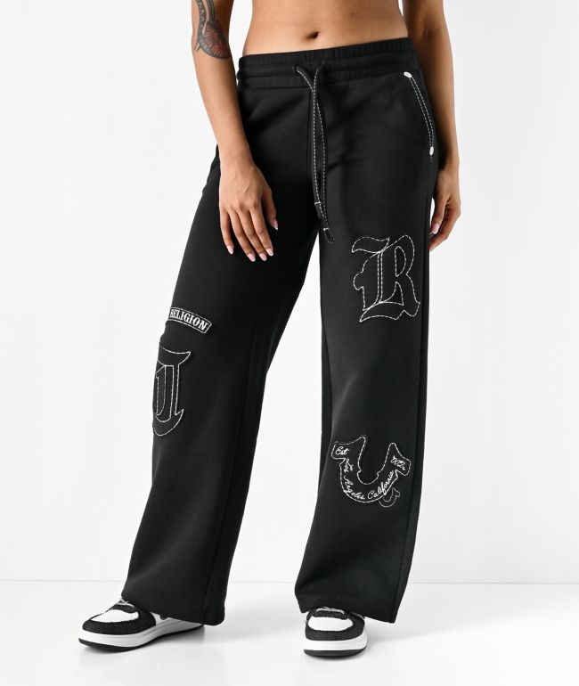 True Religion Applique Black Wide Leg Sweatpants - True Religion
