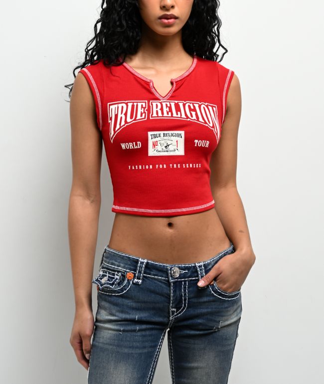 True Religion Buddha Patch V Notch Red Crop T-Shirt - True Religion