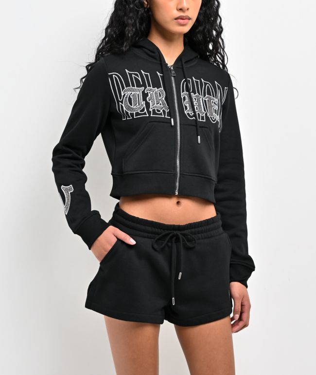 True Religion Embroidered Shrunken Black Crop Zip Hoodie - True Religion