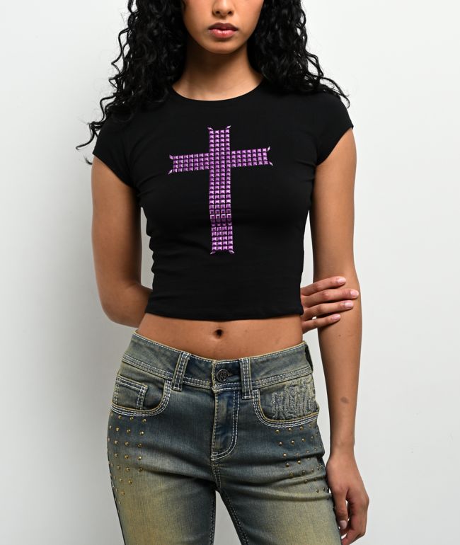 Ninth Hall Alina Studs Cross Black Crop T-Shirt - Ninth Hall