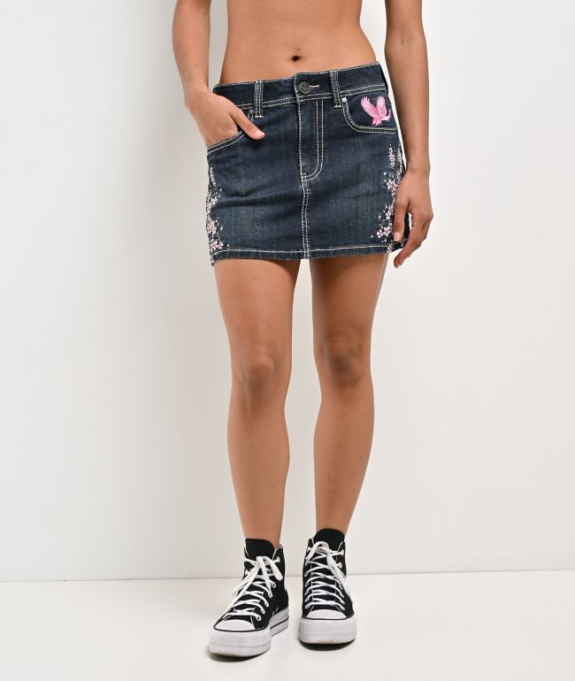 Ninth Hall Alyssia Cherry Blossom Blue Wash Mini Skirt | Zumiez