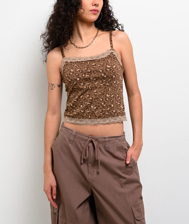 Freeworld Evelyn Lace Cheetah Brown Crop Tank Top - Freeworld
