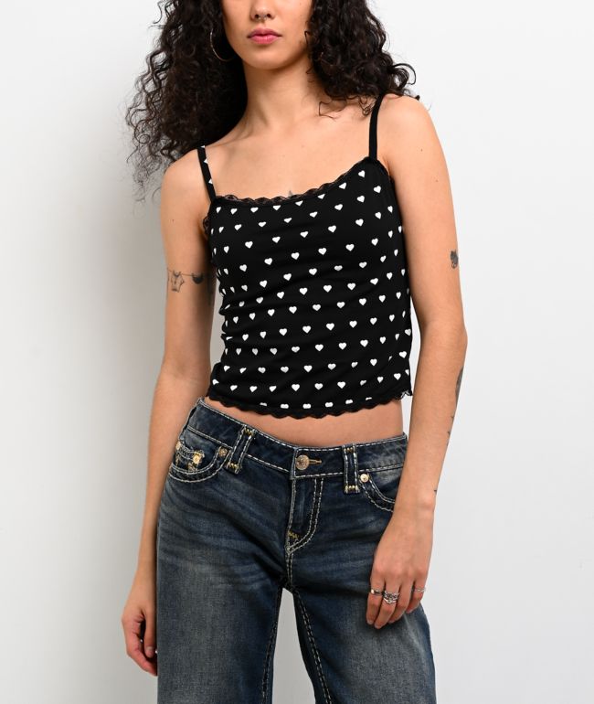 Freeworld Evelyn Hearts Lace Black Crop Tank Top - Freeworld