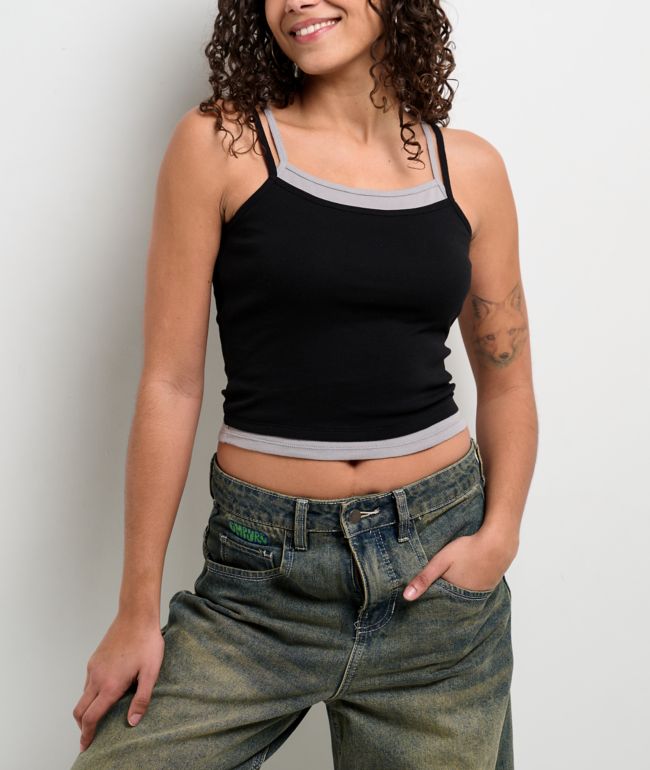 Freeworld Laura Black & Grey Layered Crop Tank Top - Freeworld
