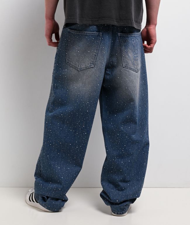 Broken Promises Enamored Rhinestone Blue Wash Loose Fit Jeans - Broken Promises