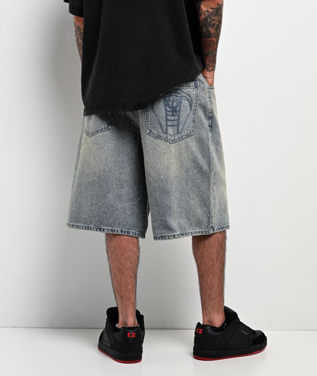 Broken Promises Enamored Rhinestone Light Blue Wash Loose Fit Shorts - Broken Promises