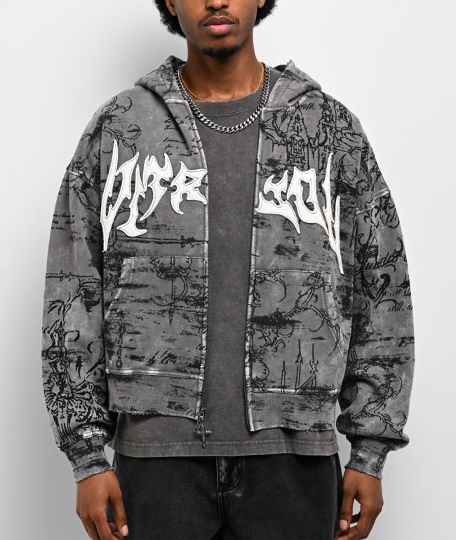 Vitriol Scrolls Grey Wash Crop Zip Hoodie - Vitriol