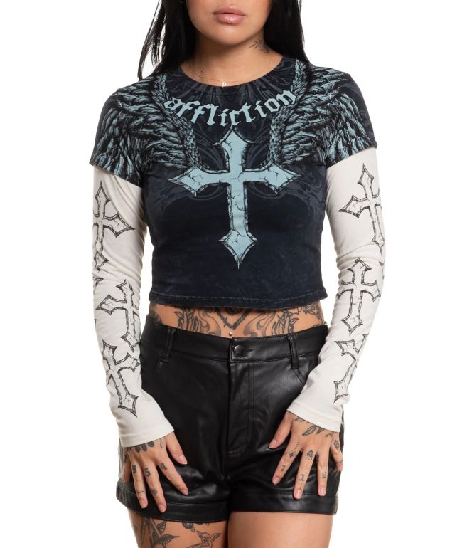 Affliction Criss Cross Black Wash & White 2fer Long Sleeve Crop T-Shirt - Affliction
