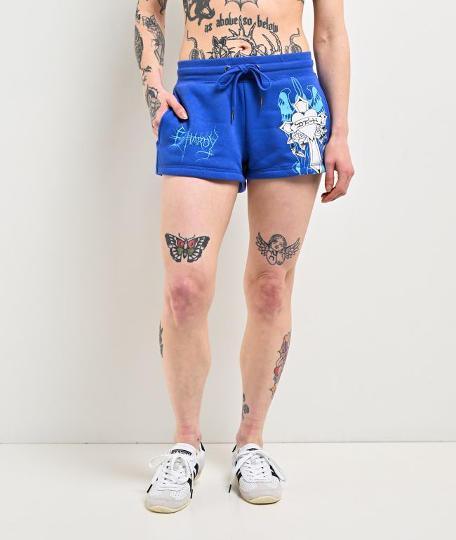 Ed Hardy Cross Wings Royal Blue Sweat Shorts - Ed Hardy