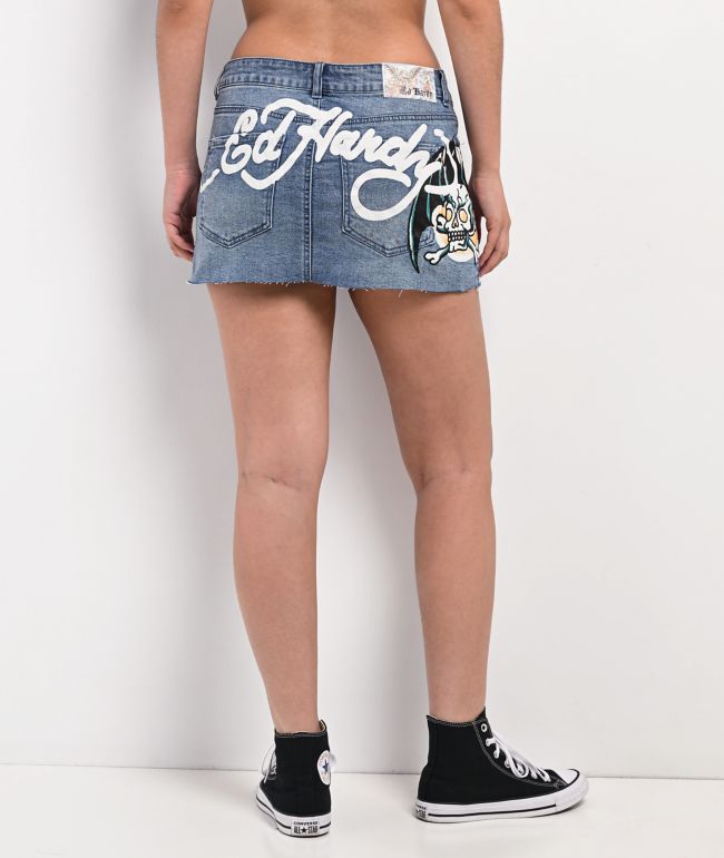 Ed Hardy Bat Blue Denim Cutoff Mini Skirt - Ed Hardy
