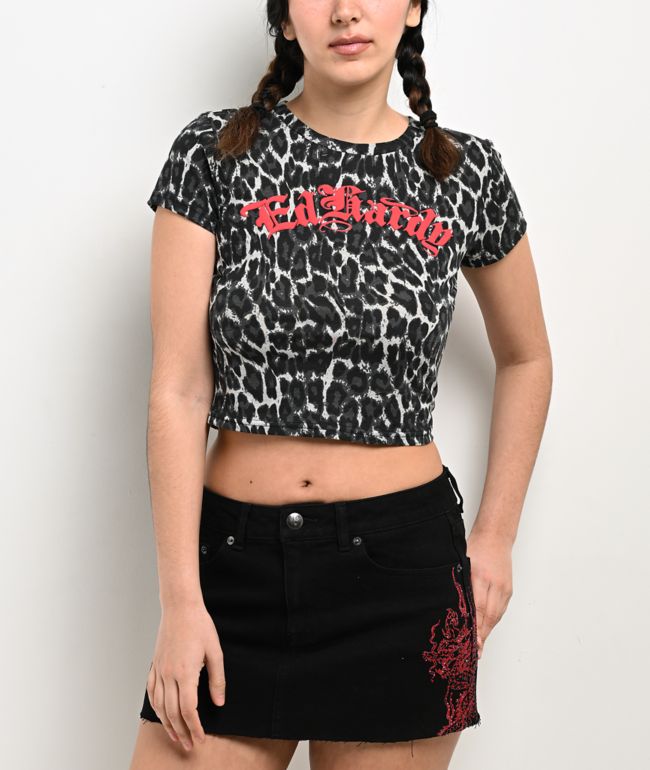 Ed Hardy Sacred Heart Black Leopard Print Crop T-Shirt - Ed Hardy