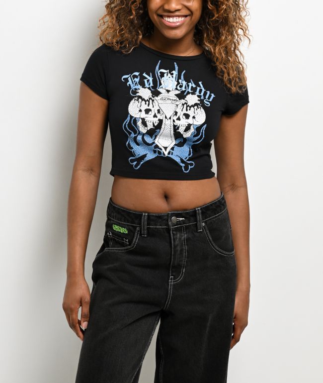 Ed Hardy Skull Crosses Rhinestone Black Crop T-Shirt - Ed Hardy